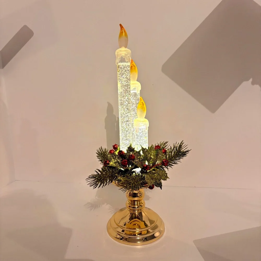 Vintage Lighted Christmas Taper Candle Holder Glitter Water Candlestick 14in